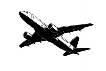 Black silhouette of a passenger airplane taking off against a transparent background, concept for travel, transportation, and aviation industry design
