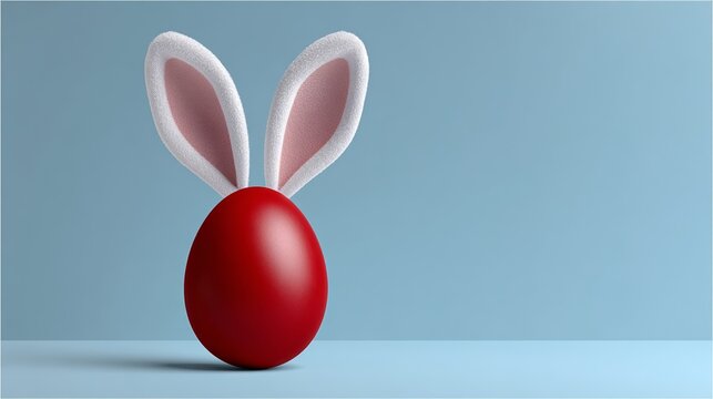 Red egg with white ears sits on a blue surface. The egg is the main focus of the image, and the ears give it a cute and playful appearance. The blue background adds a sense of calmness
