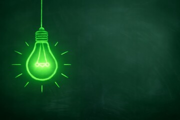 Glowing green lightbulb sketch on a dark green chalkboard background, concept for education, innovation, and ideas