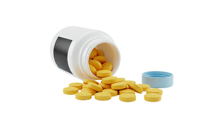 Yellow vitamin pills spilling from a white.