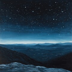 Night sky above mountain peaks.  Vast landscape of dark blue mountains, a misty valley, and scattered lights below, under a densely dotted night sky of pale blue-white stars