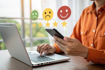 Customer feedback on laptop with rating emoticons