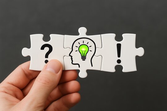 A hand holding three jigsaw puzzle pieces; question mark, head with lightbulb, exclamation mark; problem-solving concept