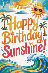 Cheerful Tropical Birthday Card with Vibrant Colors, Sun and Waves for a Fun Celebration