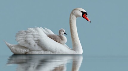Obraz premium Mother swan is carrying her baby on her back. The baby is white and small. The mother swan is swimming in the water
