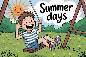 Joyful Young Boy Swinging in Sunny Park on a Bright Summer Day with Playful Sunshine