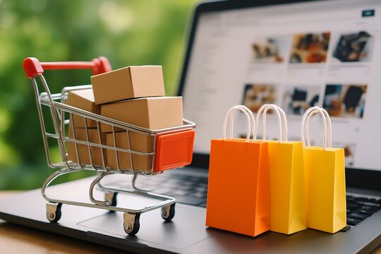 Mini shopping cart with cardboard boxes on laptop, next to colorful shopping bags; online shopping concept for e-commerce, retail, and digital marketing
