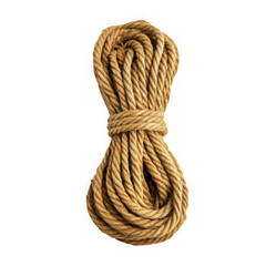 Thick brown hemp rope coil tied in the middle isolated on transparent background