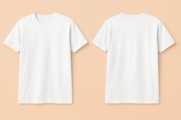 Front and back view of a plain white t-shirt on a peach background, concept for apparel design, fashion branding, and mockup template