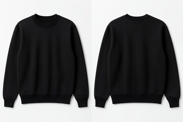 Two black crewneck sweatshirts on a white background, concept for apparel design and fashion branding
