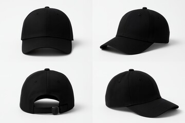 Four views of a black baseball cap on a white background, concept for apparel design and branding