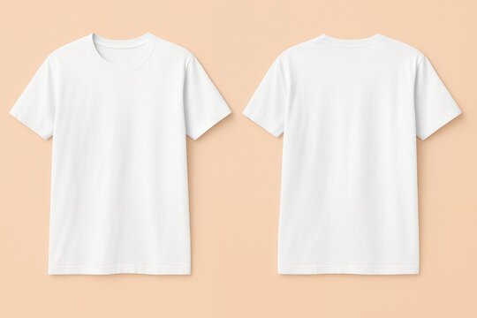 Front and back view of a plain white t-shirt on a peach background, concept for apparel design, fashion branding, and mockup template