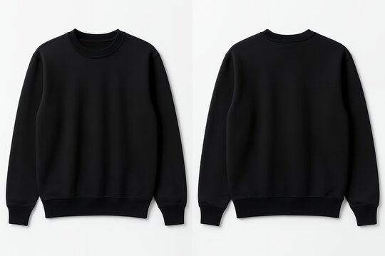 Two black crewneck sweatshirts on a white background, concept for apparel design and fashion branding