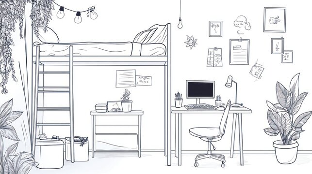 Line drawing of a cozy, plant-filled dorm room with a loft bed