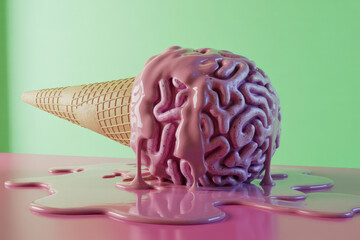 Surreal Melting Brain Ice Cream Cone on Vibrant Pink and Green Background
