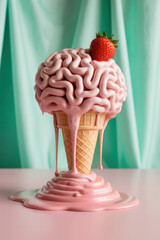 Whimsical Brain-Shaped Ice Cream Cone with Melting Strawberry Topping on Soft Pink Surface