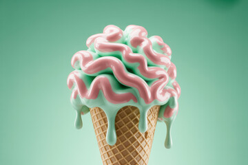 Delicious Swirled Ice Cream Cone Melting in Soft Pastel Tones Against Mint Green Background