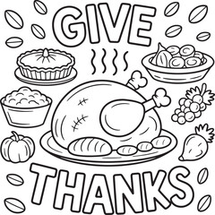 Thanksgiving Dinner Vector Illustration with Turkey Pumpkin and Festive Food Elements, Black and White Thanksgiving Food Scene for Coloring or Design Use, Thanksgiving Dinner Outline Coloring Page
