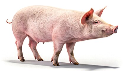 Fototapeta premium Pink domestic pig standing isolated on white background 
