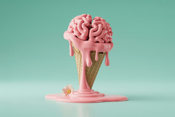 Creative Melting Brain Ice Cream Cone in Playful Pink Hues with Daisy Accent