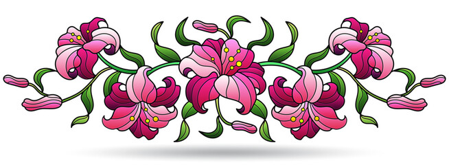 Stained glass illustration with bouquet and lilies flowers, flovers isolted on awhite background