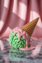 Playful Melting Brain Ice Cream Cone in Soft Pastel Tones on Marble Surface