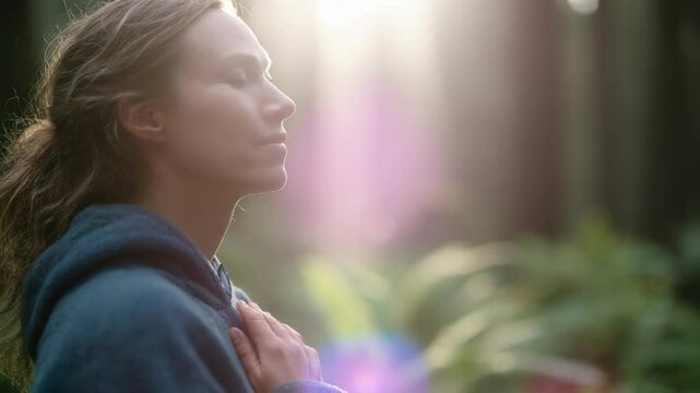 Woman breathing deeply in a forest with sunbeams