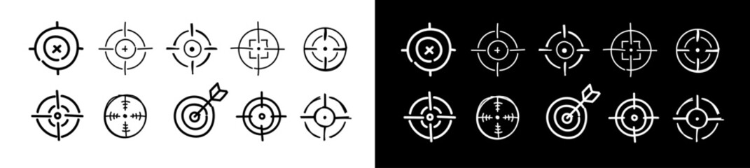 Doodle target icons set. Gun target, focus, crosshair, reticle, viewfinder vector line illustration