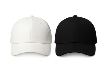 Close-up of two baseball caps, one white and one black, on a transparent background; concept for fashion, branding, and apparel design