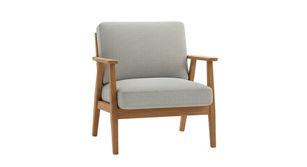 Fototapeta premium Mid-century modern armchair with light gray cushions, solid oak wood frame lounge chair, minimalist scandinavian furniture for living room interior
