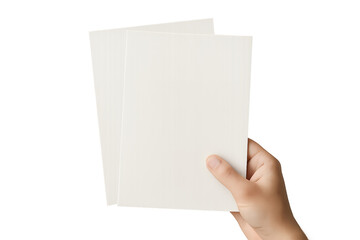 A hand holding two blank white cards against a transparent background, concept for branding, advertising, and stationery design