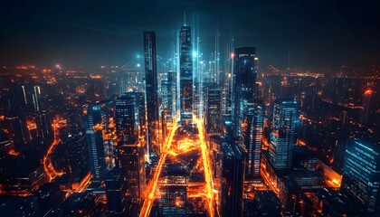 Fototapeta premium Futuristic Cityscape at Night With Glowing Lights, Representing Urban Development and Infrastructure Investment for Economic Growth and Technological Advancement