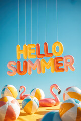 Cheerful Summer Celebration with Vibrant 'Hello Summer' Balloons and Colorful Beach Balls Under Clear Blue Sky