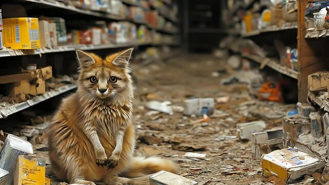 Foxlike creature sits in a ruined store aisle surrounded by debris and damaged products