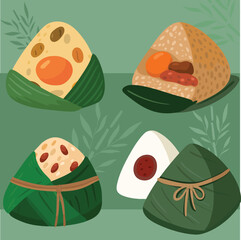 Flat-style illustration set of traditional zongzi (Chinese rice dumplings) wrapped in bamboo leaves. Includes salted egg yolk, red bean, meat filling, and triangular shapes. Ideal for festival designs