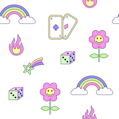 Seamless pattern with vintage flower and rainbow in style of 90s. Multicolored elements on white background. Retro illustration with outline in 90s style. Vector illustration.