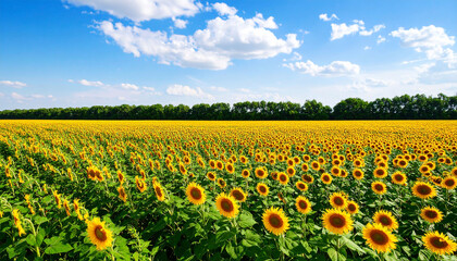 Obraz premium Expansive field of vibrant sunflowers under a bright, partly cloudy sky, stretching to a verdant tree line on the horizon