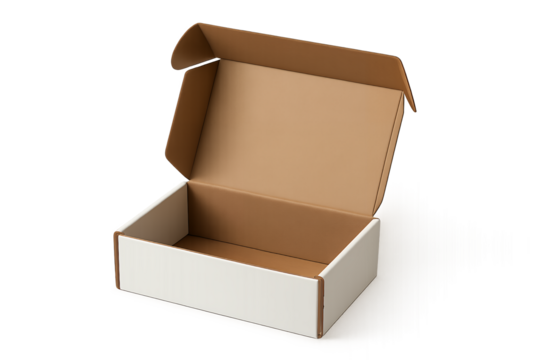Open white and brown cardboard box on a transparent background, concept for packaging design, product presentation, and e-commerce