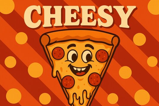 Delightfully Cheesy Cartoon Pizza Slice Smiling on a Vibrant Orange Background with Fun Patterns and Droplets Emphasizing its Cheesy Appeal and Flavor