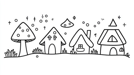 Fototapeta premium Cute cartoon drawing of a whimsical village. Simple black line art depicts mushroom houses, tiny cottages, and scattered elements like stars and clouds. A peaceful, fantastical scene