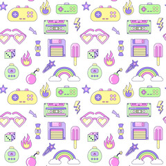 Seamless pattern with vintage Multicolored elements on white background. Retro illustration with outline in 90s style. Vector illustration.