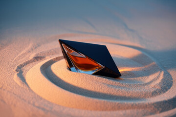 Elegant Fragrance Bottle Nestled in Soft Sand with Warm Amber Glow