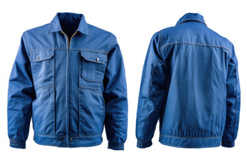 Blue chore jacket displays its durable fabric from front and back view
