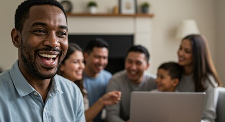 Cheerful Family Bonding in a Cozy Living Room: A Joyful Man Laughs While Engaging with Loved Ones Around a Laptop, Creating Memories in a Warm Home Environment
