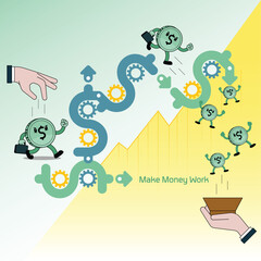 Cartoon dollar coin character is put to work on a winding gear-filled path, symbolizing "make money work". After effort and strategy, they return joyfully as profits into a waiting hand.