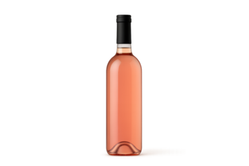 A full bottle of pale pink rose wine with a black cap, on a transparent background; concept for wine label design, beverage branding, and product packaging