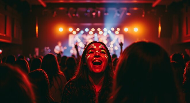 A Vibrant Concert Scene with Enthusiastic Fans and Stage Lights, Capturing the Energy and Excitement of Live Music Events in an Intimate Venue Setting