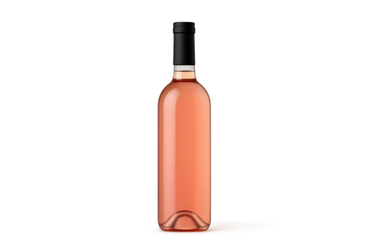 A full bottle of pale pink rose wine with a black cap, on a transparent background; concept for wine label design, beverage branding, and product packaging
