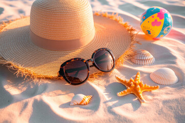 Summer Beach Essentials: Sun Hat and Sunglasses on Soft Sand with Seashells and Vibrant Beach Ball