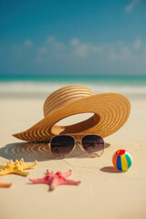 Sunny Beach Scene with Straw Hat, Sunglasses, and Colorful Beach Ball on Soft Sand